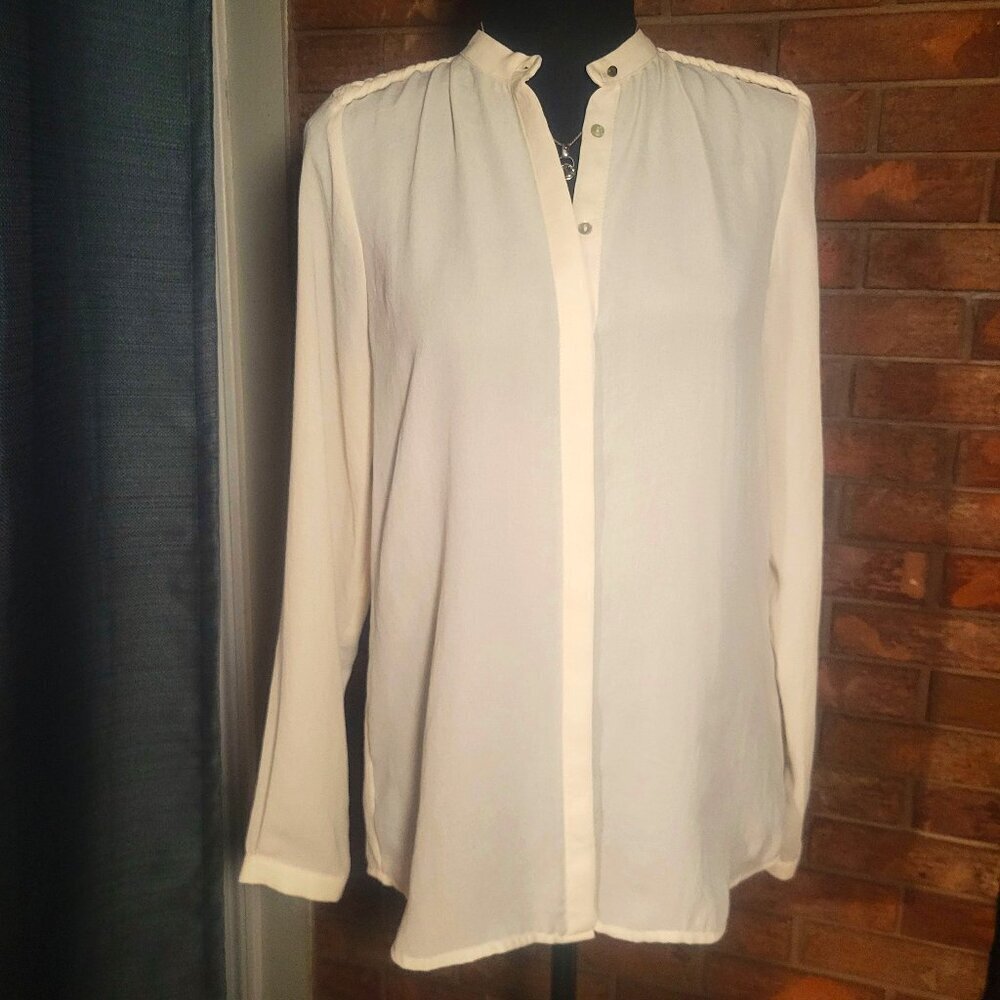 ZARA Women's Off-White Long-Sleeved Button-Down Blouse w/Braid Accent - Size S